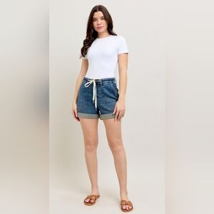 Judy Blue HR Dark Wash Tie Waist Patch Pocket Cuffed Denim Jogger Shorts L NEW